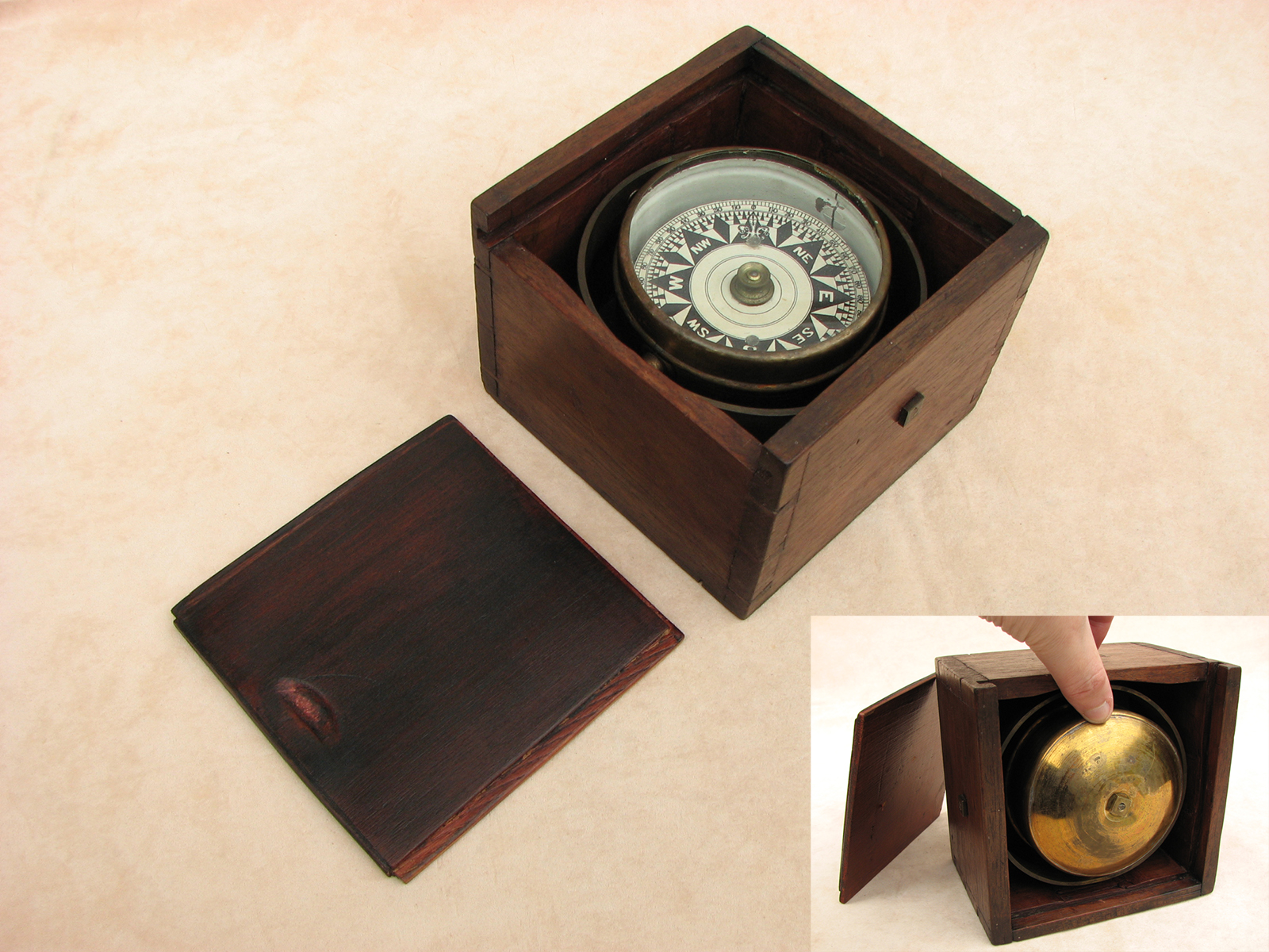 Mid 19th century gimbal mounted Mariners compass in mahogany case
